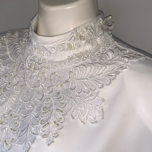 v i n t a g e :: Romantic Floral Lace High Neck Pearl Satin Blouse - Picture 3 of 14